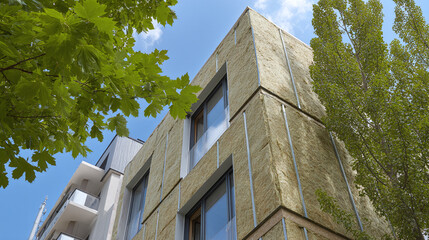 A low-angle shot showcases a building's exterior with visible insulation and windows. Green leaves frame the scene, complementing the building's design.