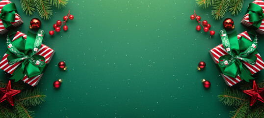 Merry Christmas and Happy Holidays greeting card, frame, banner. New Year. Red Christmas ornaments...