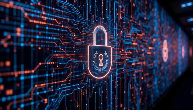 Glowing padlock over circuit board design representing digital security and data protection concept