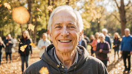 Senior man smiling at outdoor wellness gathering in autumn park