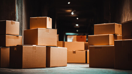 An assortment of brown cartons are stacked in rows inside a dimly lit warehouse to be shipped to their destination, creating an organized scene.