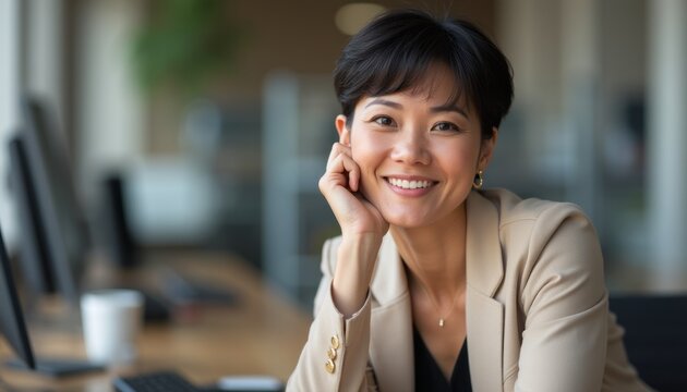 Confident businesswoman smiling at her desk