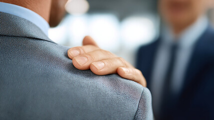 Supportive Gesture: Hand on shoulder offers comfort and understanding. Connection between colleagues in a professional setting is important.