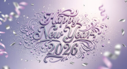 Happy New Year 2026 celebration banner with ornate typography and festive confetti.