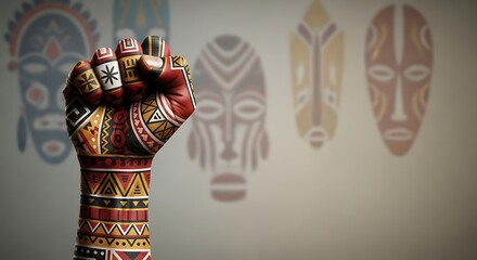 Empowering ethnic pride, colorful fist raises awareness for diversity and inclusion with cultural heritage, traditional patterns and unity in a modern world