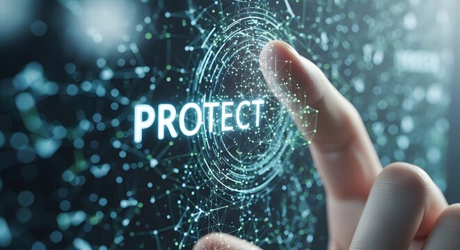 Finger touching digital screen with protect text cybersecurity and data protection concept - Powered by Adobe
