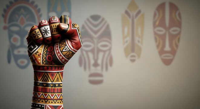 Empowering ethnic pride, colorful fist raises awareness for diversity and inclusion with cultural heritage, traditional patterns and unity in a modern world