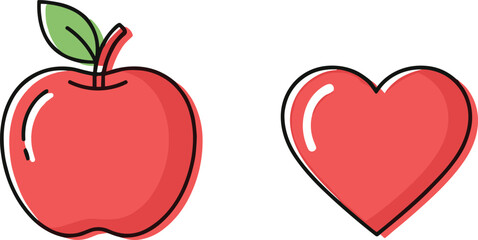 Cute apple and heart illustration symbolizing healthy food, love, wellness, nutrition, organic produce, positive lifestyle concept design