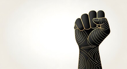 Powerful raised fist symbol with elegant gold lines for unity and resistance, perfect for social justice campaigns and promoting equality and empowerment