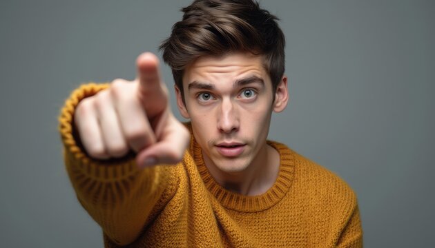 Young man in a cozy sweater pointing directly at the viewer