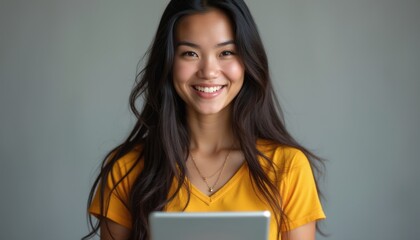 Smiling young woman holding a tablet