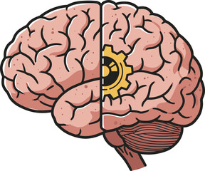 Human brain illustration with mechanical gear symbolizing artificial intelligence, cognitive engineering, technology innovation, machine learning concept design