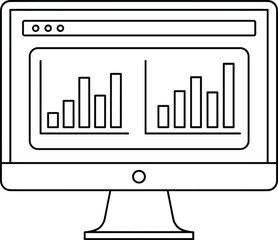 Line art computer monitor with bar chart analytics displaying business data, statistics, reporting dashboard, digital analysis concept design