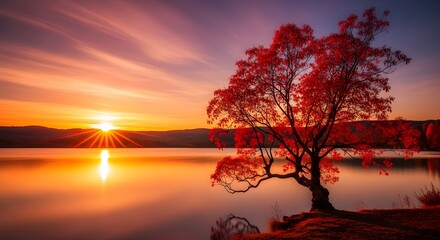 Beautiful Red Autumn Tree by Calm Lake at Sunset with Reflection