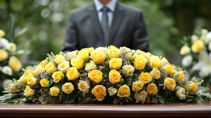 A vibrant floral arrangement of yellow roses rests on a polished surface, with a man in a suit standing in the background in an outdoor setting.
