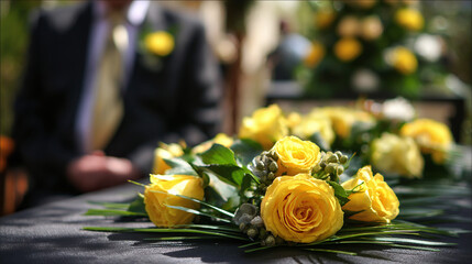 Close-up of a beautiful yellow rose arrangement with a person in a dark suit with a yellow boutonniere in the blurred background.