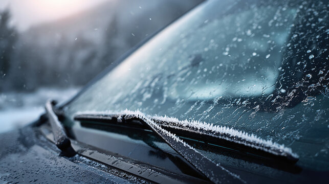 Icy windshield obstructs the view on a wintery drive. Frost covers the wipers, making it essential to clear the glass before heading out.