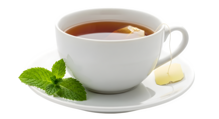 A classic white porcelain teacup filled with hot black tea, garnished with fresh mint leaves on a saucer, isolated on a white background