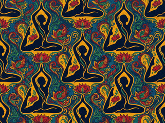 Ornamental Yoga Silhouette Pattern with Lotus Motifs