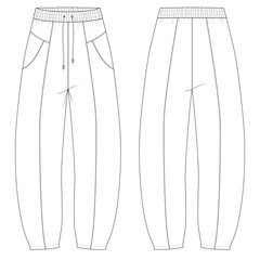 Barrel-Leg Trousers Technical Flat — Oversized Unisex Design Featuring Cut and Sew Lines and Front Topstitch Finish, Complete CAD Drawing Set