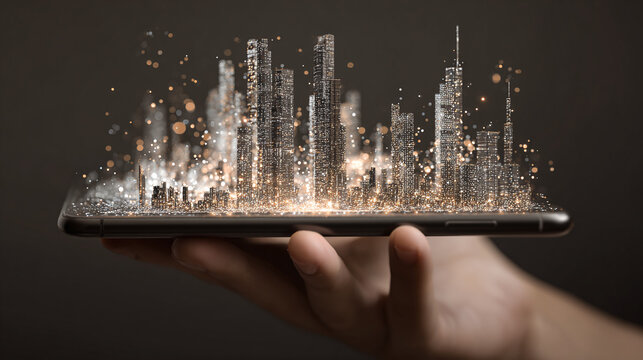 Digitized Cityscape on Phone: A gleaming city hologram emerges from a smartphone, held in a hand, blending future tech with urban life.