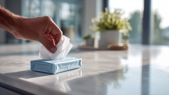 A hand reaches to pull a cleansing wipe from a container on a marble countertop in a bright room with a plant in the background for cleanliness.