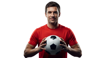 Athletic man in red shirt holding a soccer ball with a confident smile