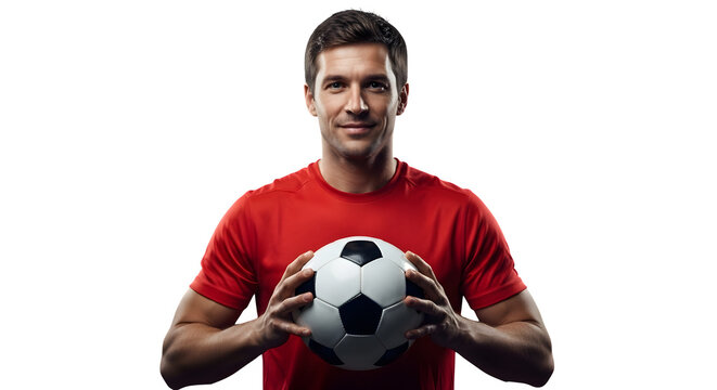 Athletic man in red shirt holding a soccer ball with a confident smile