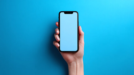 Hand holding a blank screen mobile device against a vibrant blue background, ready for your custom app design or digital content.