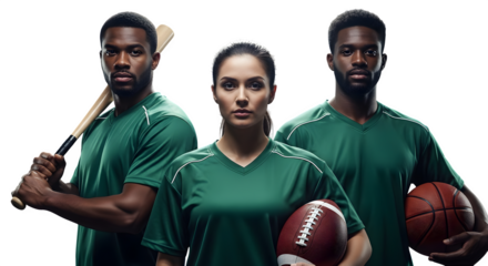 Diverse athletic team posing confidently with sports equipment, ready for competition.