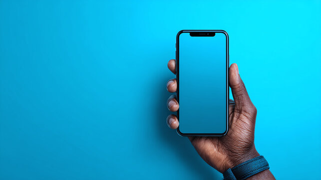Hand holds a modern device with a blank blue screen against a matching blue background. Clean, minimalist design for digital era.