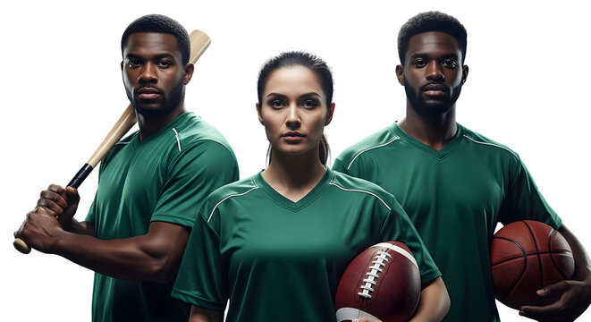 Diverse athletic team posing confidently with sports equipment, ready for competition.