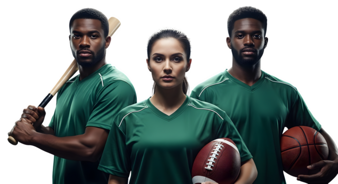 Diverse athletic team posing confidently with sports equipment, ready for competition. - Powered by Adobe
