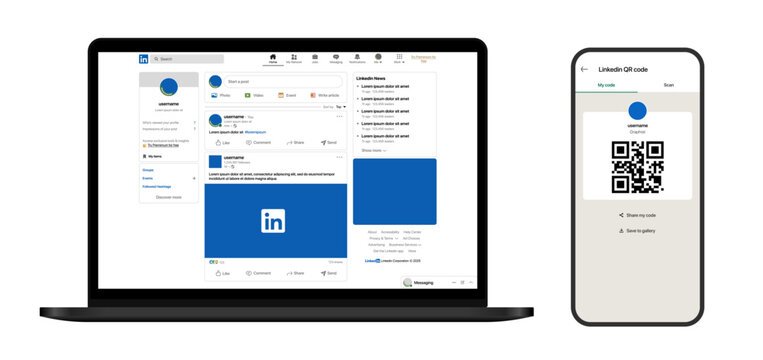 Linkedin post layout showing home feed job listings profile view QR code scan me feature and interactive networking tools in a modern vector illustration