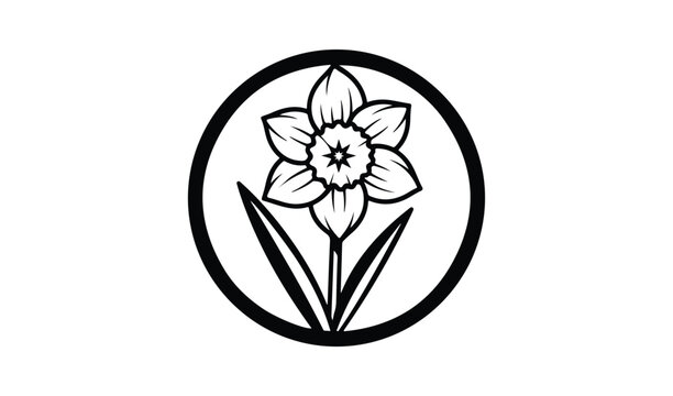 Oval emblem featuring a stylized daffodil flower and leaves in black and white