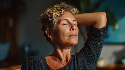 Serene woman with curly hair and closed eyes in warm lighting indoors, radiates peace. Her hand is behind her head, enjoying a quiet moment.