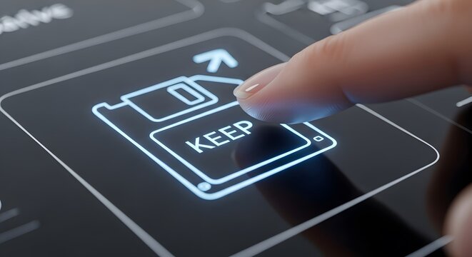 Finger pressing keep button on futuristic floppy disk save icon interface