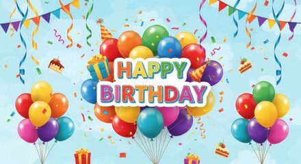 Festive birthday celebration backdrop with vibrant balloons and streamers art design