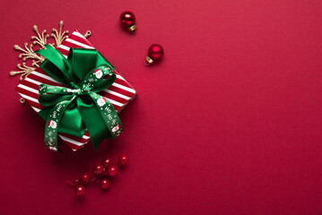 Merry Christmas and Happy Holidays greeting card, frame, banner. New Year. Red Christmas ornaments...