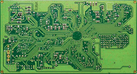 Green Computer Circuit Board Texture. green printed circuit board PCB. Complex patterns of gold and silver copper traces, lines, and dots connect small electronic components. High-tech and intricate