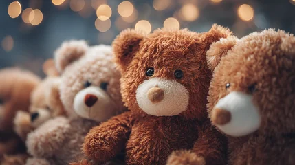 Wandcirkels Dierenarts Cuddly companions await! A charming row of plush teddy bears, perfect for snuggles and smiles, set against a backdrop of bokeh lights.  © Екатерина Чумаченко