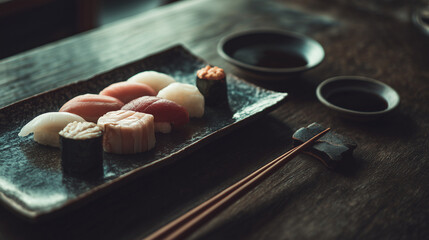 A minimal sushi assortment arranged on a textured plate with chopsticks and soy sauce, showcasing fresh fish slices and clean Japanese presentation.