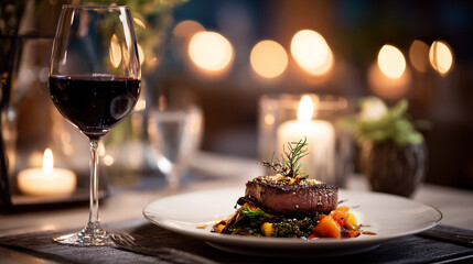 A fine-dining plated meat dish topped with herbs and paired with a glass of red wine, arranged on a white plate against warm candlelit ambiance.