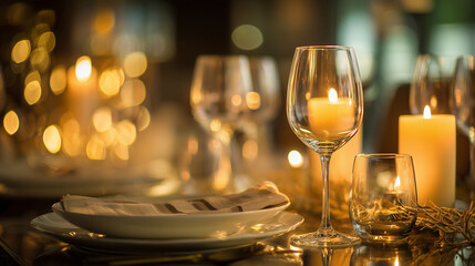 A refined fine-dining table setting with plates, cutlery, glasses, and candles arranged in warm ambient lighting, creating a luxurious dinner atmosphere.