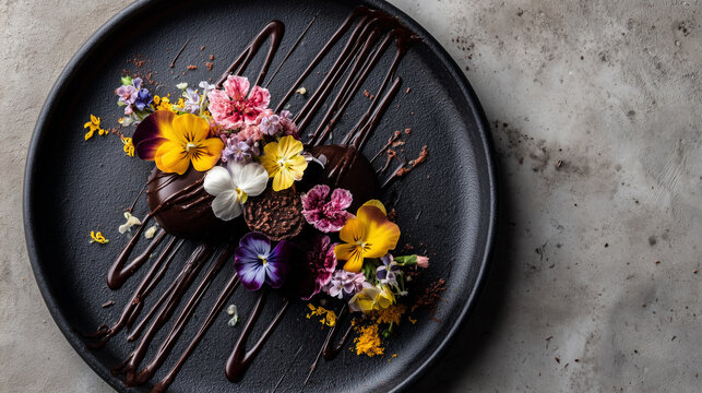 A rich chocolate dessert arranged with colorful edible flowers on a dark plate, featuring artistic drizzles and careful plating for a refined gourmet presentation.