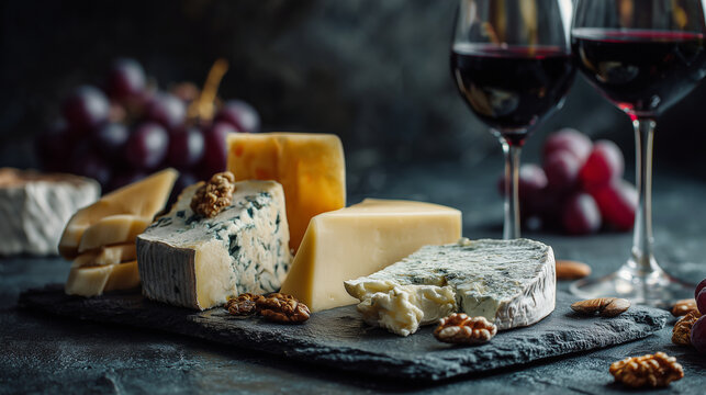 A curated cheese board with assorted varieties, walnuts, grapes, and two glasses of red wine arranged on a dark surface, styled for an elegant gourmet presentation.