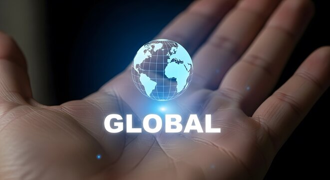 Global connection world hologram floating above open hand representing technology and communication