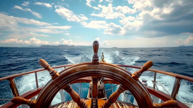 Aerial view of a ships helm and deck, with a vast expanse of blue ocean and distant landforms under a partly cloudy sky.
