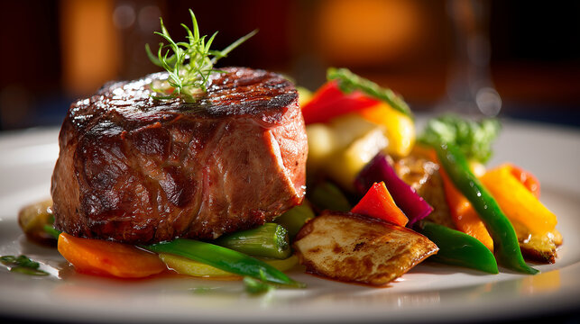 A seared filet mignon served with colorful vegetables and rich sauce, plated with elegant fine-dining presentation and vibrant gourmet styling.