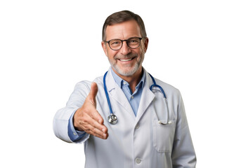 Fototapeta premium Smiling doctor offering handshake isolated on transparent background